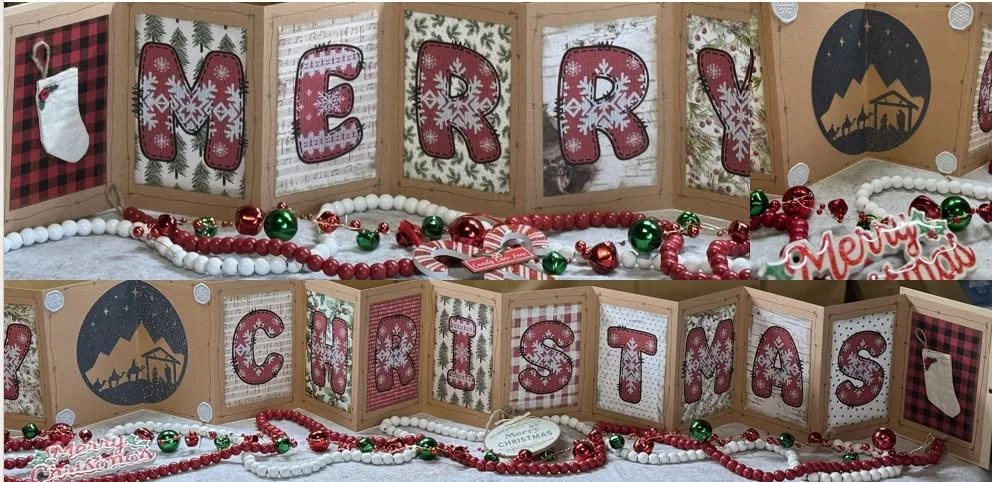 Two views of a handmade Merry Christmas accordion display.
