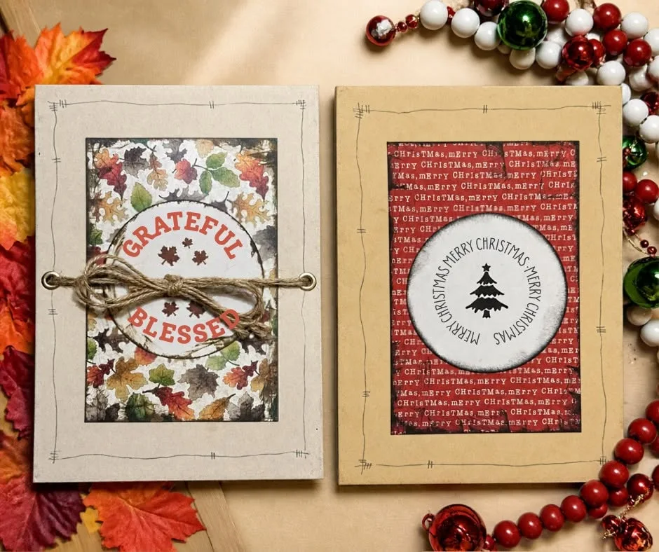 Two handmade seasonal decorations, folded closed and decorated for autumn and Christmas.